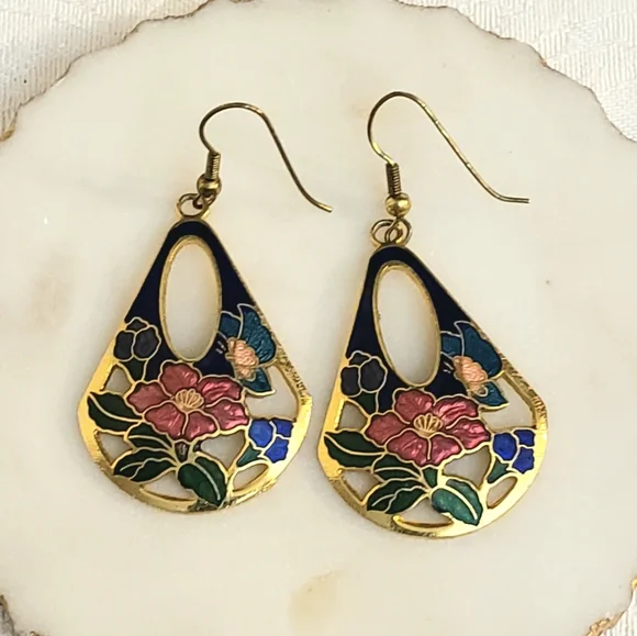 Beautiful Floral and Butterfly Cloissonne Keyhole Pear Dangle Earrings - Picture 2 of 5